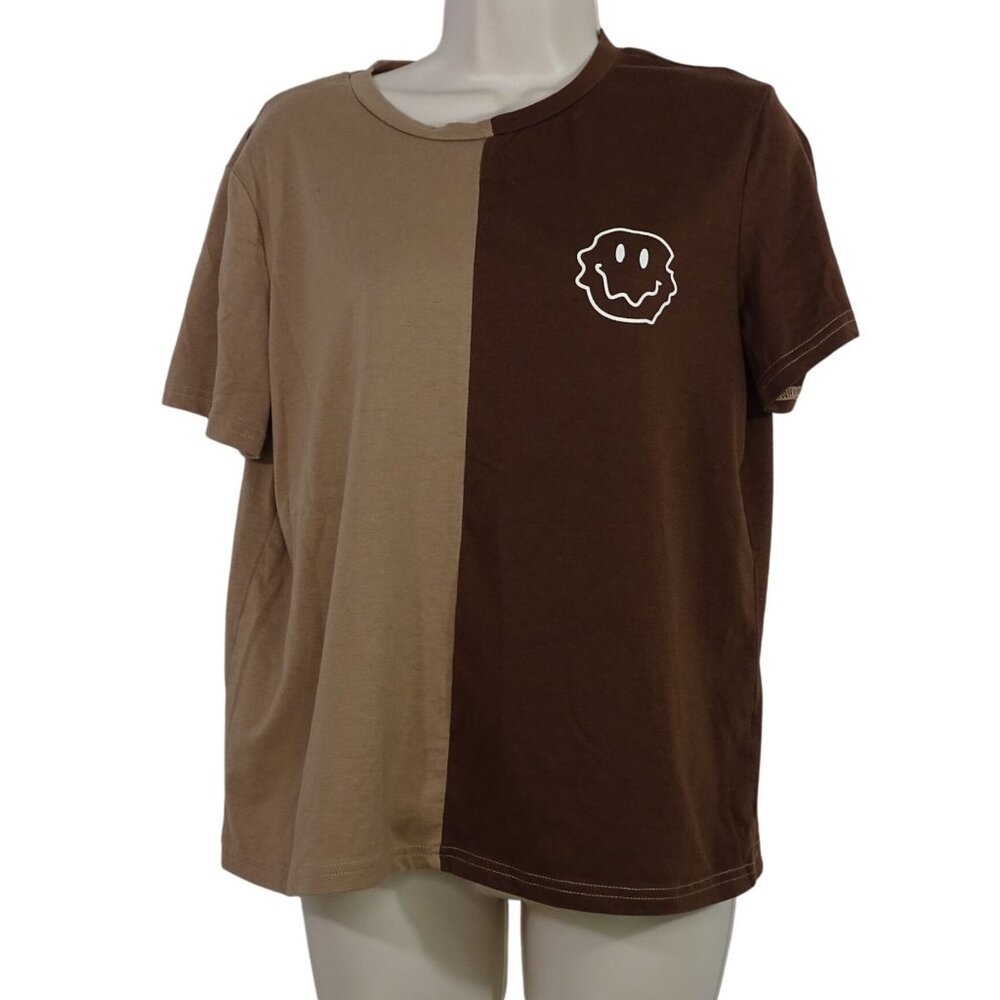 Two-Tone Brown T-Shirt Casual Top Women Size M Cotton Blend Round Neck
